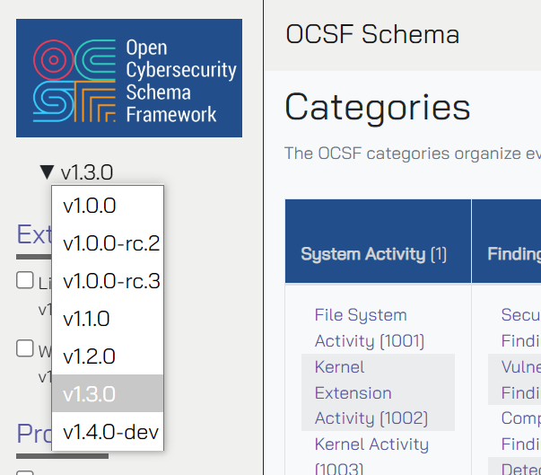 OCSF versions dropdown example