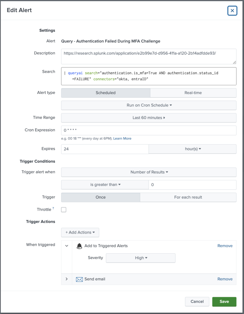 Configuring federated detection thresholds, intervals, and actions in Splunk