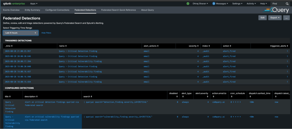 query splunk federated detections