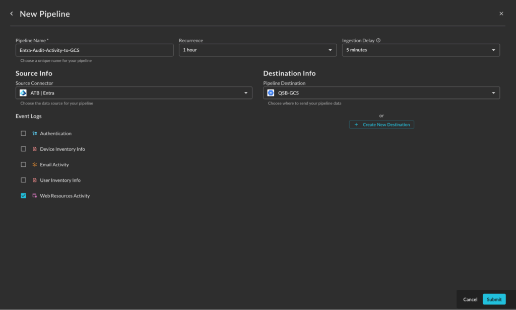 query security data pipeline example