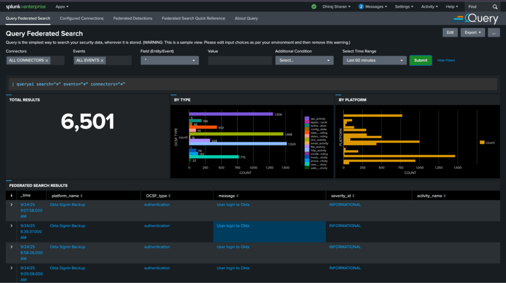 Investigate disparate security events in Splunk views and dashboards from multiple Snowflake tables