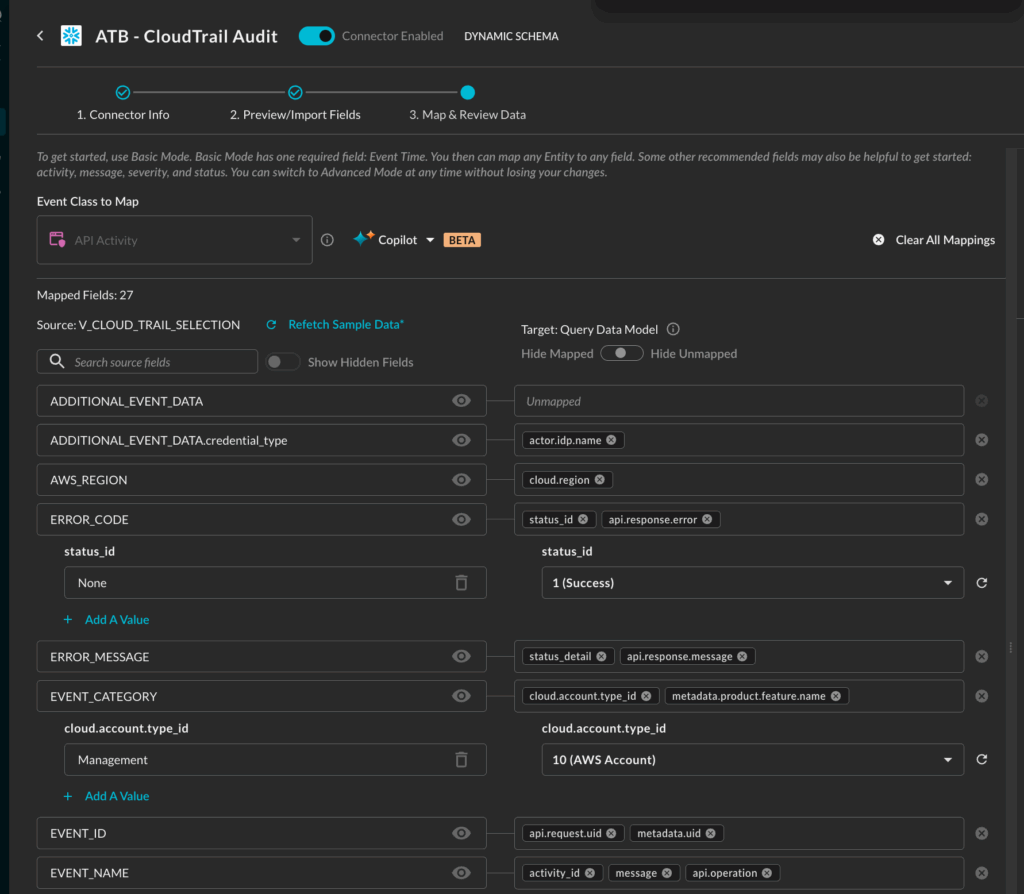 The Query Copilot auto-mapping of AWS CloudTrail Snowflake table fields to the Query Data Model