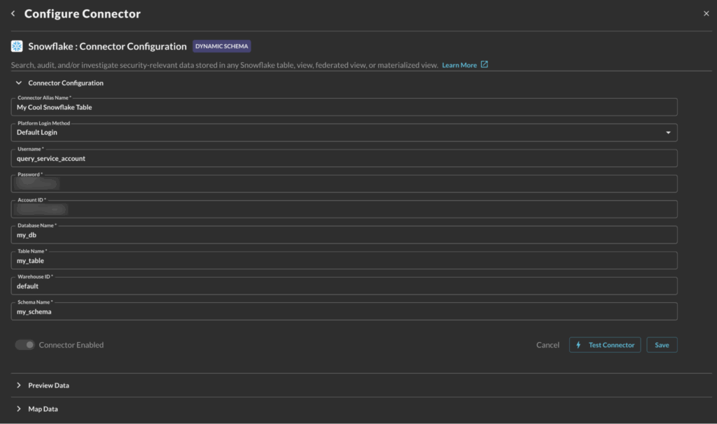 Query Snowflake Connection Configuration